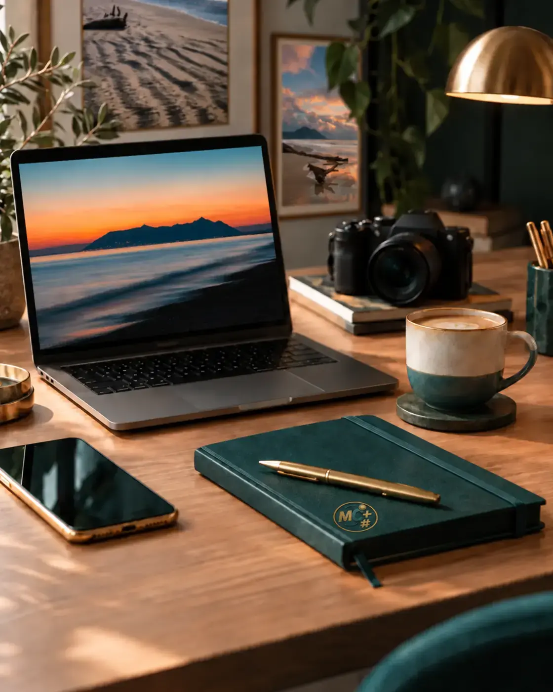 Postazione di lavoro MC+ con laptop, smartphone, quaderno e fotocamera